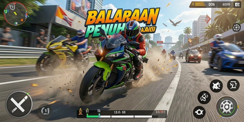 Screenshot gameplay D06 menunjukkan aksi balapan motor yang intens.