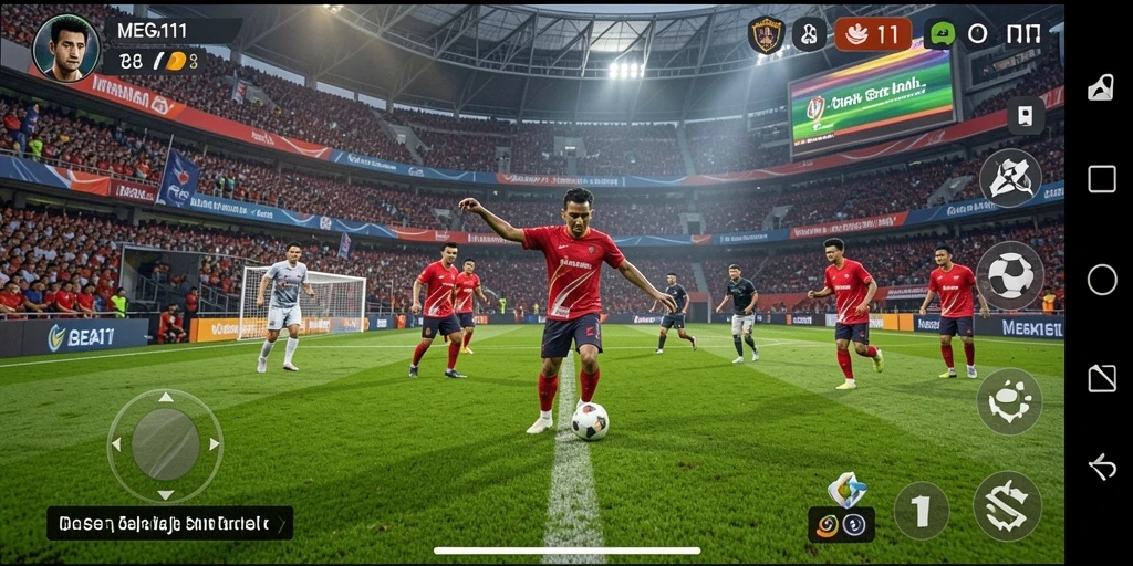 Tangkapan layar gameplay MEGA111 yang memukau di lapangan sepak bola.
