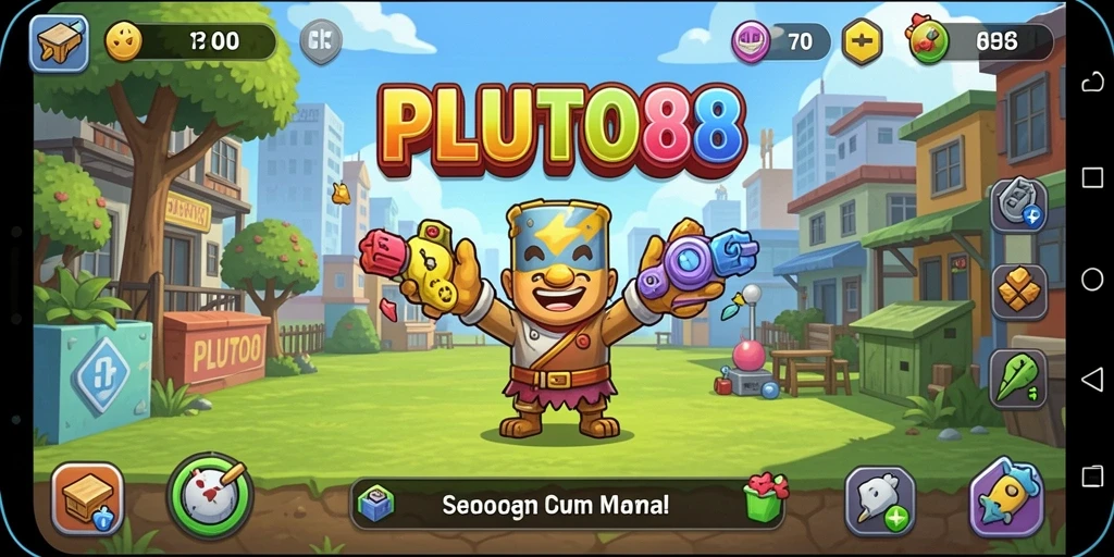 Screenshot gameplay PLUTO88 menampilkan aktivitas karakter yang mengumpulkan sumber daya.