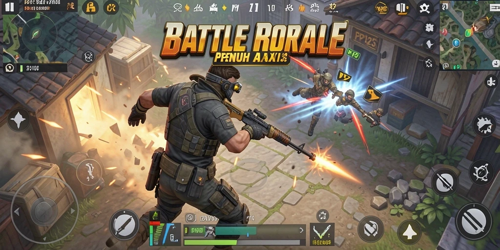 Menampilkan gameplay seru dalam pertempuran Battle Royale.