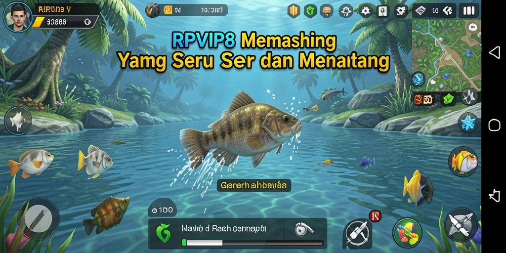 Screenshot gameplay RPVIP8 menunjukkan pengalaman memancing yang seru.